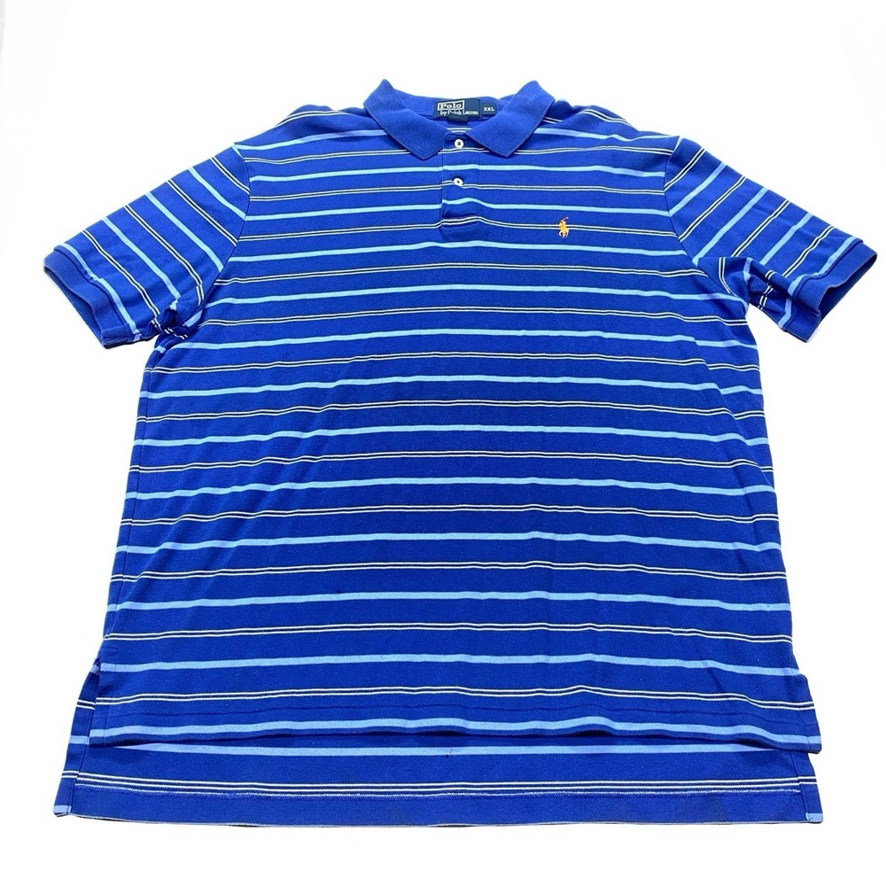 Polo Ralph Lauren Mens XXL Blue Striped Short Sleeve Cotton Pique Polo Shirt